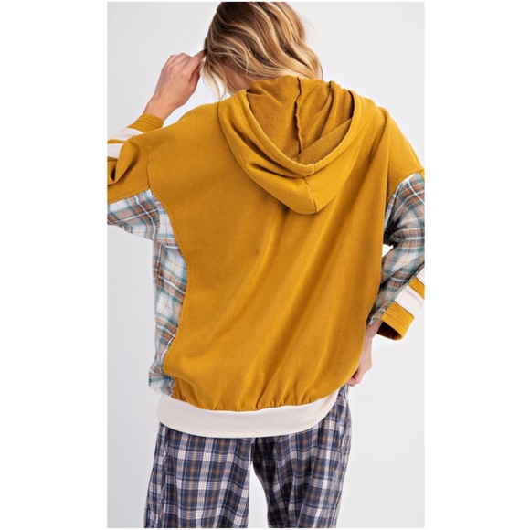 Easel Star Patch Plaid Cotton 3/4 Sleeve Hoodie Shirtshirt Top - Picture 5 of 5